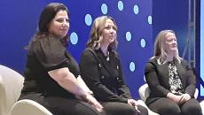 Left to right: Tina Cortez, Shelly Arthofer and Nerissa Amers discuss Stanford Health Care's inpatient telehealth efforts at HIMSS23 in Chicago on Tuesday.